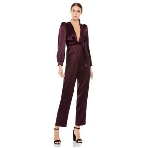 NWT Mac Duggal Front Twist Puff Sleeve Deep V Jumpsuit Size 2 Plum #2647 thumbnail 4