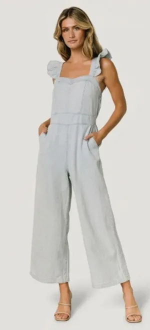 Baltic Born Madison Light Wash Denim Jumpsuit Ruffle Wide Leg Cottagecore XL thumbnail 1