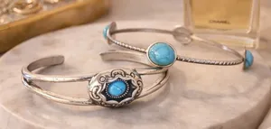 Silver Turquoise Cuff Bracelet Set | Southwestern Boho Stackable Bangles Blue thumbnail 1