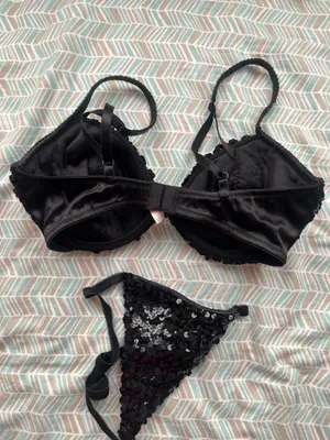 Victoria’s Secret vintage Y2K black sequined bra and thong panty set thumbnail 6