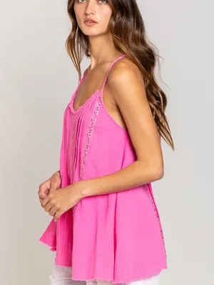 NEW POL Cotton Gauze Lace Trim Floral Cami Tank Candy Pink Flowy A-Line Large thumbnail 3