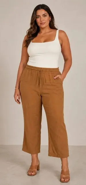 Hard tail Midrise 100% linen tan cropped pants Medium Lagenlook #768 thumbnail 1