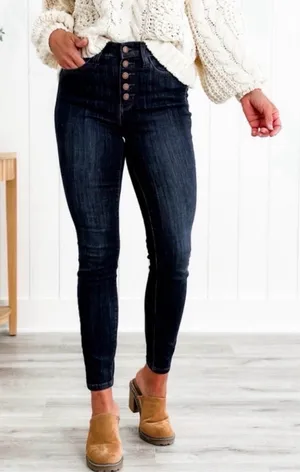 Judy Blue High Waisted Button Fly Skinny Fit Dark Blue JB82331DK Size 11/30 thumbnail 1