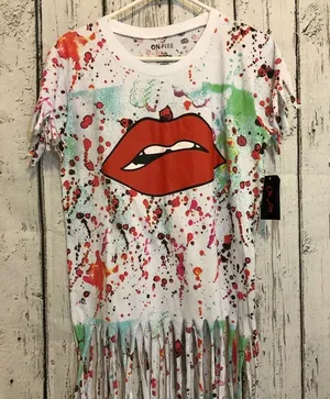 On Fire Red Lip multicolor Top with Fringe cut large statement style short sleeve shirt thumbnail 1