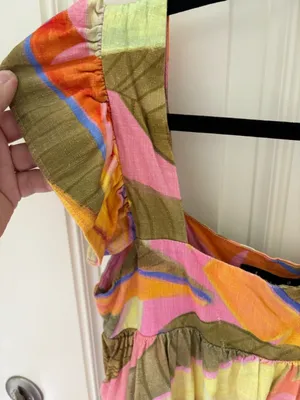 Revolve Kourt Pink Green Tropical Print Square Neck Ruffled Linen Mini Dress NWT XS thumbnail 2