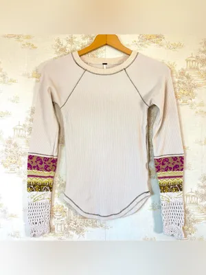 Free People In The Mix Cuff Cream Crochet Embroidered Boho Thermal Top XS thumbnail 3