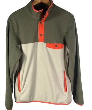 Eddie Bauer Fleece Pullover Mens Small Snap‎ Button Pocket Olive Green Beige thumbnail 1
