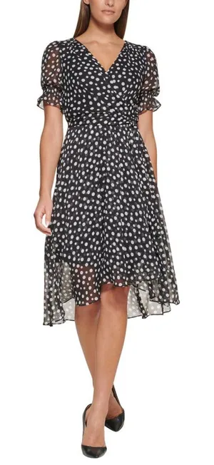 NWT Tommy Hilfiger Womens Tie Front Chiffon Polka-Dot Midi Dress Black / Cream 6 thumbnail 1