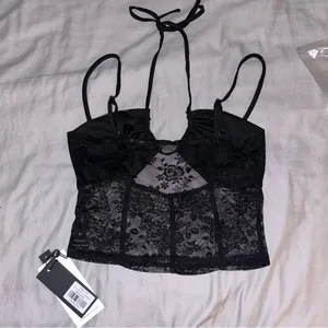 Tobias Top Black Small, Lace Halter Tank Top, Crop, Adjustable Straps thumbnail 7