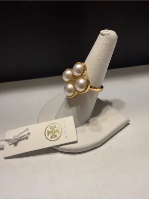 Nwt Tory Burch Rope Clover Ring Size 6 Cream /Gold Color Statement Pearl thumbnail 2