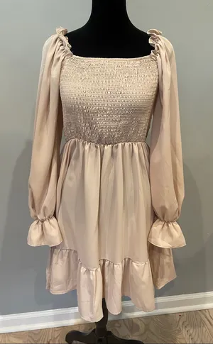 Beige long sleeve smocked dress thumbnail 1