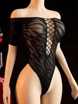 Off-Shoulder Black Lace Bodysuit with Front Lattice Detail - New thumbnail 1