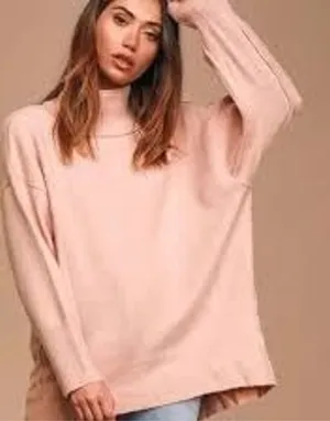 Free People L Softly Tunic Turtleneck Sweater Oversized Knit Pullover Pink thumbnail 1