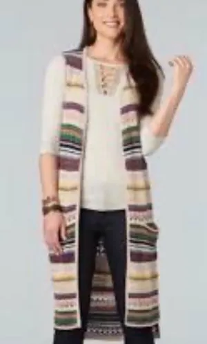 Democracy long striped beige and multicolor duster knit sweater BoHo Vest Size L thumbnail 1