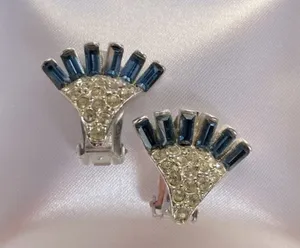 Vintage Simulated Sapphire and CZ Silver-tone Paddle Back Clip On Earrings thumbnail 1