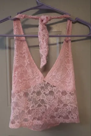 Shein lacey halter cropped tank sleeveless top in light baby pink size xs extra small. thumbnail 1