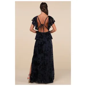 NWT Lulus Romantic Wonder Navy Burnout Velvet Ruffled Tie-Back Maxi Dress Size S thumbnail 3