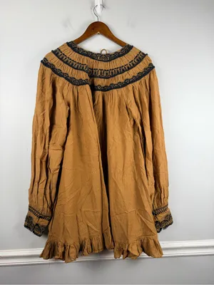 Free People Anthropologie Erin Embroidered LS Bronze Keyhole Mini Dress Size med thumbnail 8