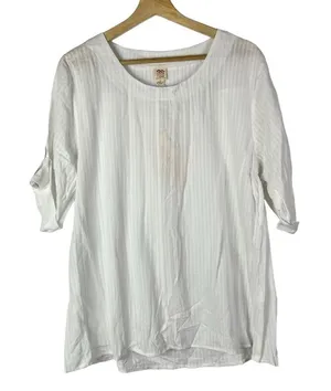 Joah Brown Premium White‎ Cotton Short Sleeve Tunic Blouse L thumbnail 1