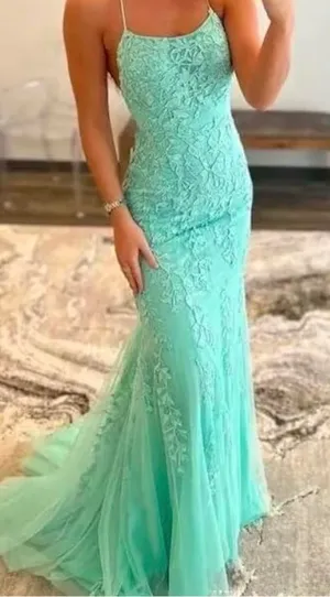 Berlin Nova Mint Green Lace Mermaid Prom Dress with Spaghetti Straps thumbnail 1