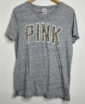 Pink Victoria’s Secret Bling V Neck T Shirt Gold Sequins Women’s Size Medium thumbnail 1