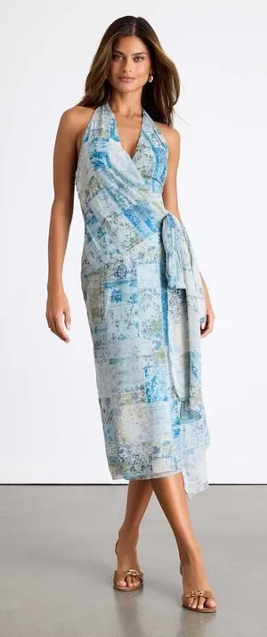 NEW Lulu’s Francine Multi Boho Print Halter Midi Dress in Blue Medium thumbnail 1