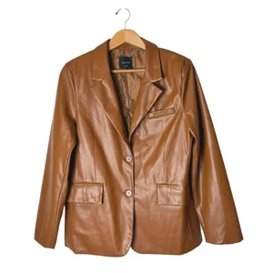 Love Tree Faux Leather Blazer Women Large Brown Cognac 90s Minimalist Moto thumbnail 2