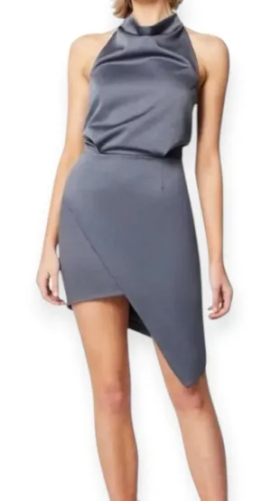 NWT Elliatt Camo Blouson Halter Dress Sz Large Charcoal Gray Asymmetrical Satin thumbnail 1