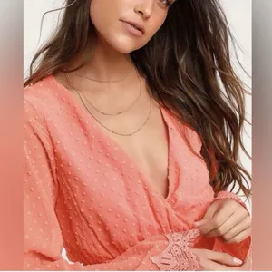 NWT Lulus Meadowlake Coral‎ Orange Swiss Dot Lace Bell Sleeve Romper Size SMALL thumbnail 2