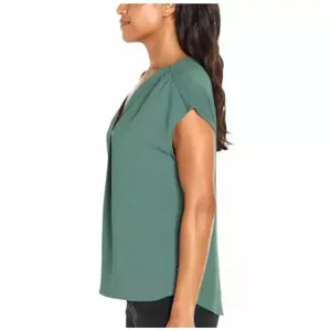Banana Republic Solid Green Cap Sleeve V-Neck Crepe Popover Blouse Size Small thumbnail 2