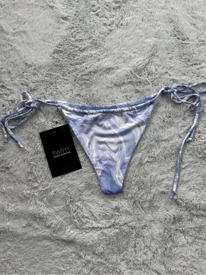 Naked Wardrobe Swim String Side Tie Bikini Bottoms Blue Marble Swirl XS thumbnail 4