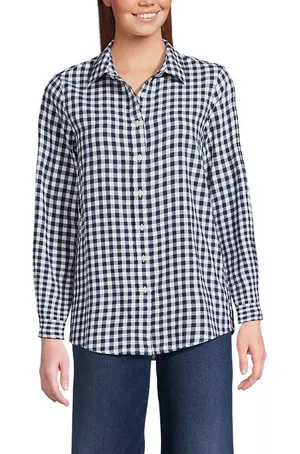 Lands’ End top size Medium blue white gingham checkered flannel thumbnail 1