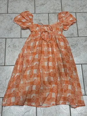 Olivaceous Orange White Floral Check Puff Sleeve Midi Dress Tie Front Size S NWT thumbnail 2
