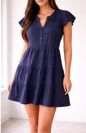 Boston Proper Tiered‎ Mini Dress Women XL Navy Blue Smocked Ruffle Short Sleeve thumbnail 1