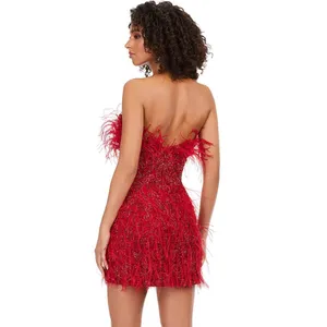ASHLEYlauren 4615 Red Beaded Feather Cocktail Dress Strapless 2 Pageant Prom thumbnail 3
