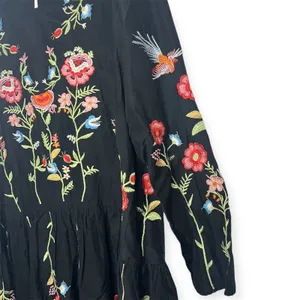 Zara Embroidered‎ Bird & Floral Black Shift Dress Cottagecore Bohemian Sz Small thumbnail 9