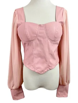 ASOS Parisian Bubblegum Pink Vegan Leather Bustier Sheer Sleeve Top 10 thumbnail 1