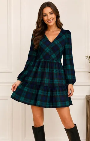 J.Crew Green & Navy Plaid Tiered Dress | Long Sleeve V-Neck | Size 0 | Classic thumbnail 1