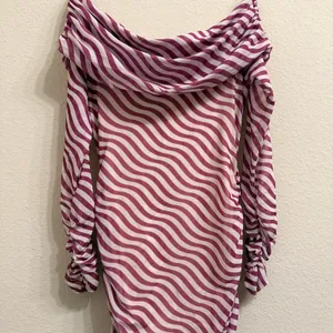 Anthropologie Off-The-Shoulder Mesh Maxi Dress Bodycon Ruched XS Pink White- NEW thumbnail 12