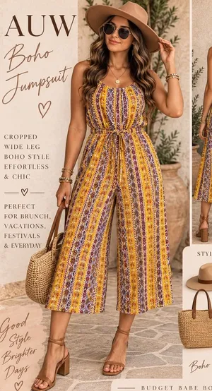 AUW Women Mustard Yellow Boho Striped Wide Leg Jumpsuit Large Floral Geometric thumbnail 1