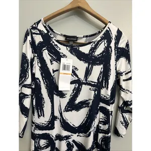 Nina Leonard White &Navy Abstract A Line‎ Midi Dress Sz Small thumbnail 2