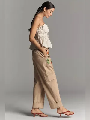 NWT Anthropologie Embroidered Floral Cargo Pants Tan M thumbnail 3