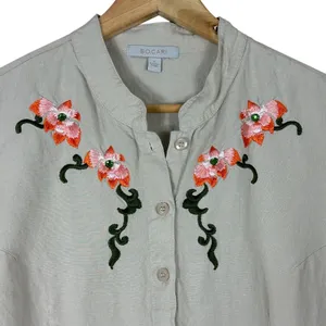 Bogari Button Down Top Womens L Cream Linen Floral Embroidered Boho Southwestern thumbnail 3