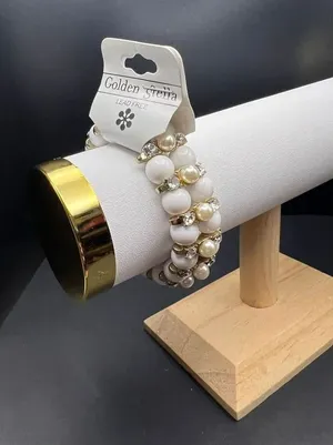 New! Golden Stella White Bead Faux Pearl Rhinestone Stretch Bracelet thumbnail 1