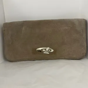 Vintage Montgomery Ward taupe suede fold over clutch. thumbnail 2