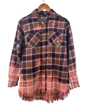 ONE 24 RAGS Distressed Bleached Plaid Flannel Shirt Women's Small Frayed‎ Hem thumbnail 1