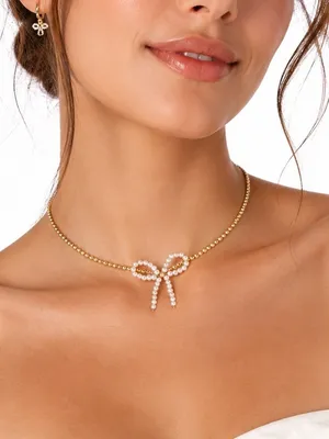 NWOT Beaded Classy Elegant Faux & Pearl Gold Bow Choker Ballet Coquette Necklace thumbnail 1
