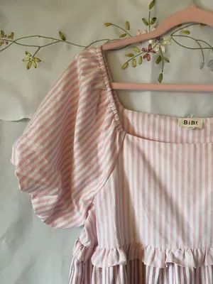 BiBi Cute Pink Pastel Stripe Ruffle Tier Puff Sleeve Babydoll Summer Dress Sz XL thumbnail 7