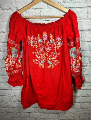 Free People Red Fleur Du Jour off the shoulder embroidered floral dress‎ small thumbnail 1