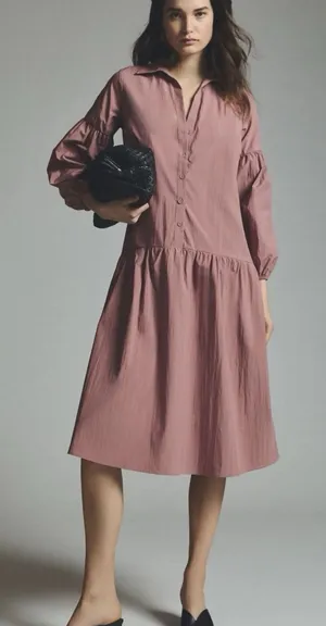Maeve Anthropologie Taffeta Pink Shirt Dress Balloon Sleeve‎ Midi Boho XXS thumbnail 1